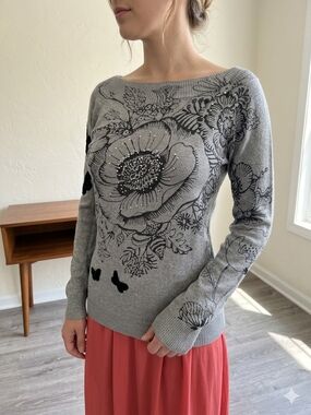 Desigual Gray Off-the-Shoulder Floral Embellished Sweater